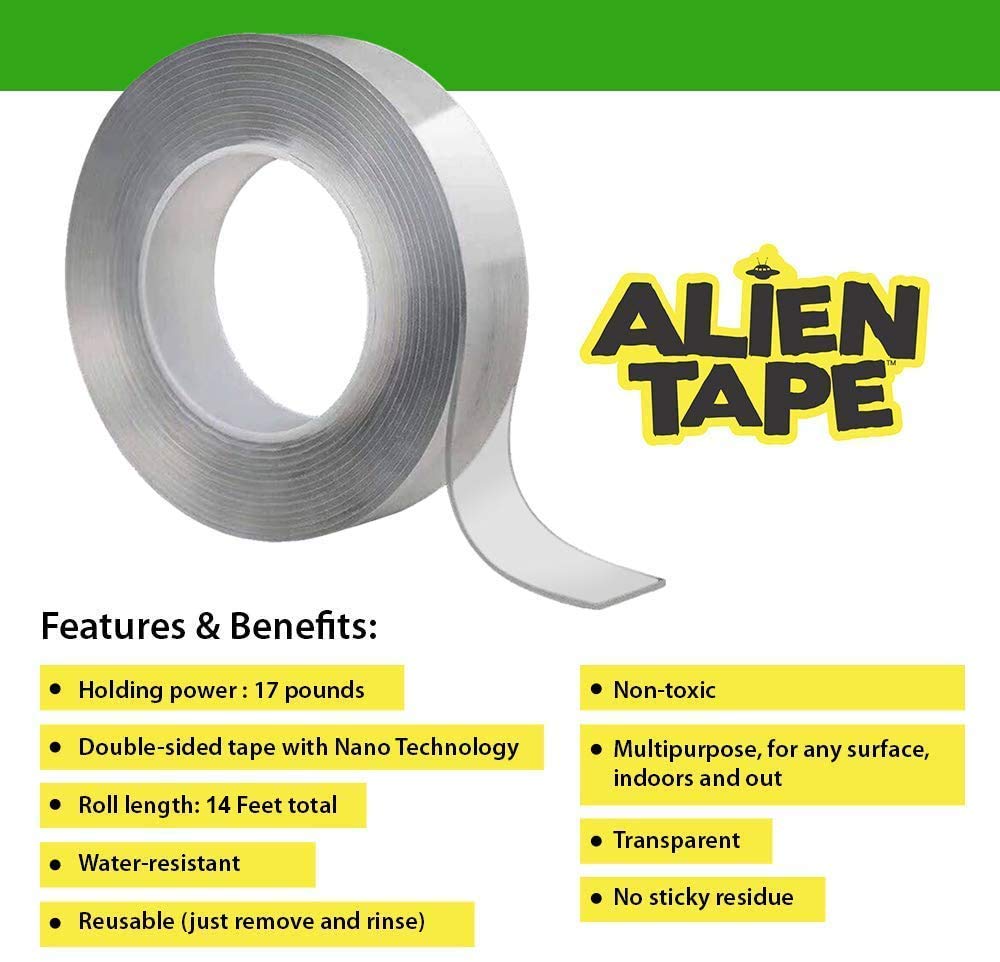 ALIEN TAPE Heavy Duty Double Sided Tape, Nano Tape, Feet Clear Adhesive Tape for Poster Photo Wall Decor As Seen on TV, (1 Roll - 7 Feet)