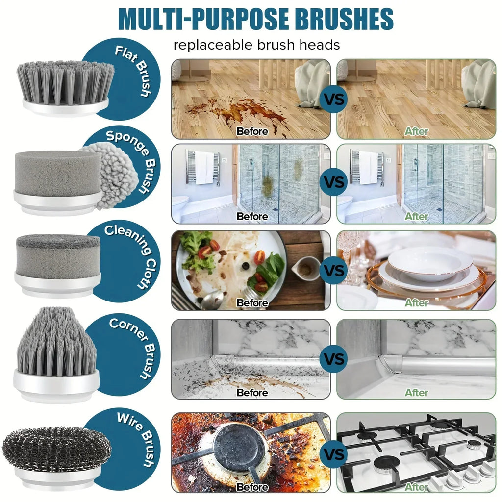 🧽 Cordless Electric Spin Scrubber – Rechargeable Cleaning Brush with 5 Heads