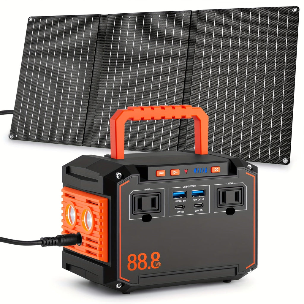 300W Portable Power Station Solar Generator w/ Foldable Solar Panel Camping Backup Power Supply